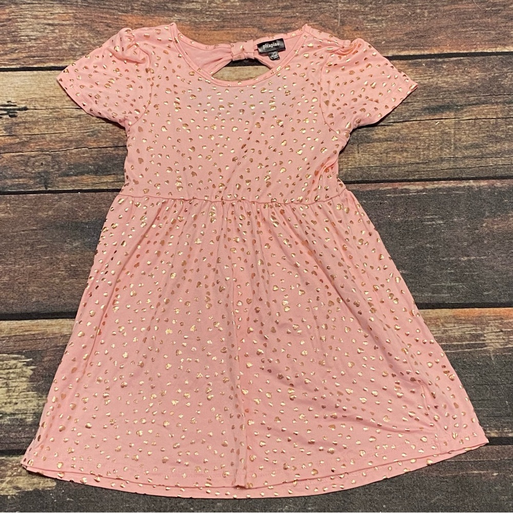 Picapino Girls Pink Dress with Metallic Heart Print Size 7